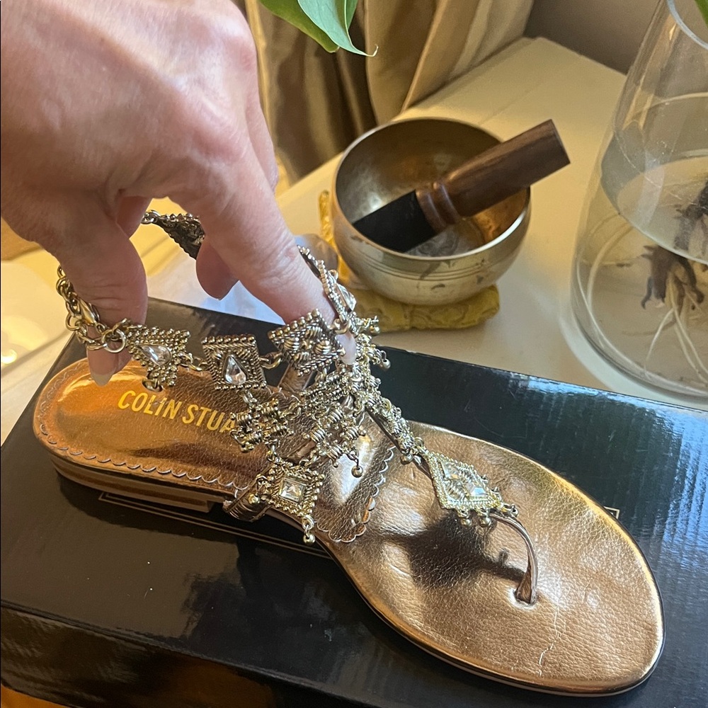 Colin Stuart Gold Sandals with Sparkling Embellishments